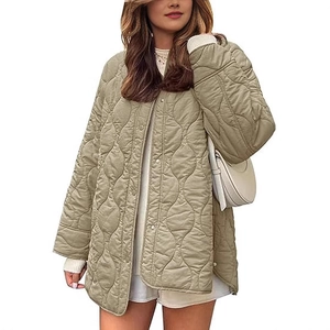 Women's Quilted Padded Jacket Round Neck Loose Long Sleeve Solid Color Mid-Length Outerwear Coat Wave Pattern Buttons