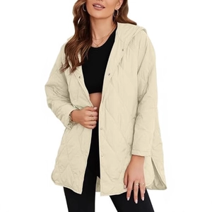 Women's cream-white hooded quilted jacket with diamond patterns and silver snap buttons