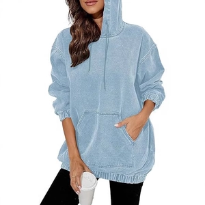Vintage light blue washed denim style hoodie with dropped shoulders and kangaroo pocket