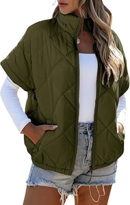 Detail of olive green quilted vest with diamond pattern, stand collar and zipper pocket