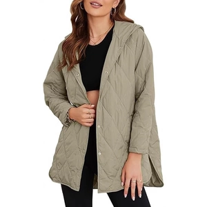 Women's winter quilted hooded jacket with diamond pattern and snap button closure