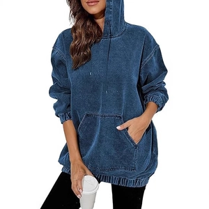Oversized dark blue washed denim-style hoodie for women with kangaroo pocket and drawstring