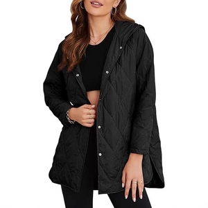 Women's black quilted hooded jacket featuring a diamond pattern and snap buttons