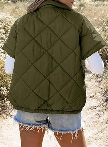 Close-up of the quilted diamond pattern on back of army green puffer vest