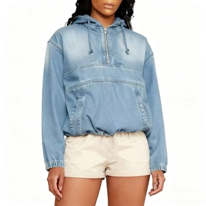 Women Denim Hooded Jacket Half Zipper Long Sleeve Loose Washed Anorak Coat Casual Streetwear Fashion Outerwear