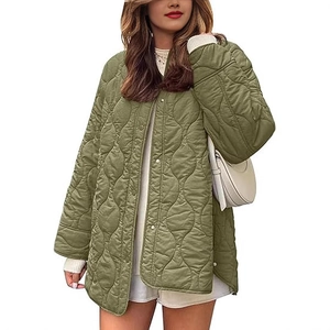 Women's olive green quilted jacket with wavy stitching and loose casual fit