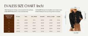 Detailed size chart for women's short ribbed jacket showing US sizes from S to 2XL