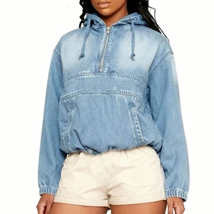 Women's light blue washed denim hooded jacket with front pocket and half-zipper design