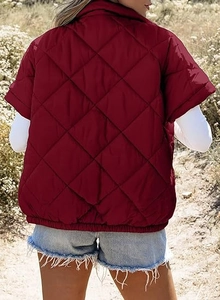 Rear view of wine red quilted vest jacket featuring diamond pattern and elastic hem