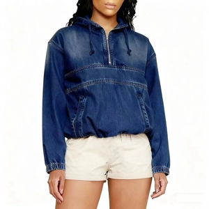 Women's dark blue denim hoodie jacket with half-zip, drawstring hood and front pocket