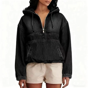 Women's black denim hooded jacket with half-zip design and large kangaroo pocket