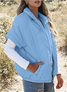Light blue diamond-quilted vest featuring a stand collar and side pockets for casual wear