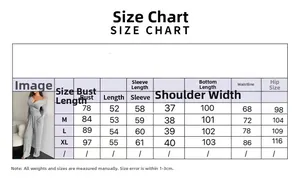 Detailed size chart for women's two-piece knit set including top and wide-leg trousers