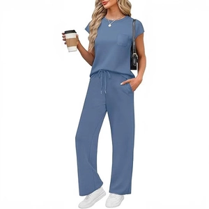Women Casual Short Sleeve Round Neck Pocket Top And Drawstring High Waist Wide Leg Pants Lounge Wear Minimalist Plain Outfit