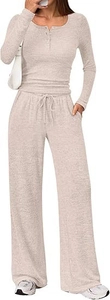 Detail of oatmeal knit lounge set featuring buttoned henley top and wide-leg drawstring pants