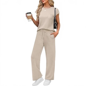Women's two-piece casual set featuring a short sleeve pocket top and wide-leg drawstring pants