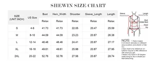 Size chart for casual off-shoulder denim jacket with measurements from S to 2XL in inches