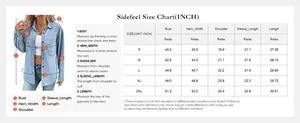 Detailed size chart for retro washed denim shirt with measurements in inches for S-2XL
