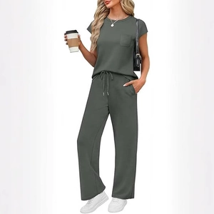 Women's 2-piece lounge set with short sleeve pocket top and drawstring wide leg pants