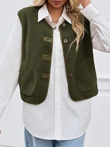 Close-up of olive green sherpa fleece vest with brown buttons and large front pockets