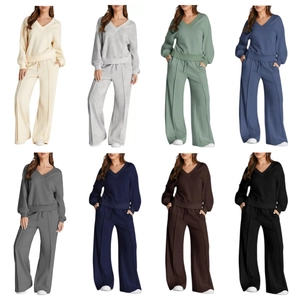 Women Casual V Neck Two Piece Set Solid Color Long Sleeve Sweatshirt And Wide Leg Pants Outfits Loungewear Tracksuit