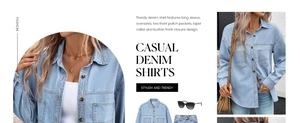 Detail view of oversized light blue denim shirt with dual patch pockets and casual lapel