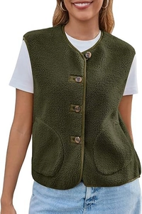 Detail of dark green sherpa fleece vest featuring button closure and large pockets