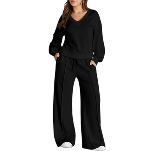 Women's black V-neck sweatshirt and wide-leg jogger pants two-piece casual lounge set