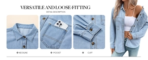 Detail view of washed blue denim shirt showing collar, pocket, and buttoned cuffs