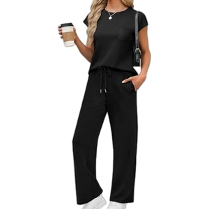 Women casual black two-piece set featuring short sleeve pocket tee and wide leg pants