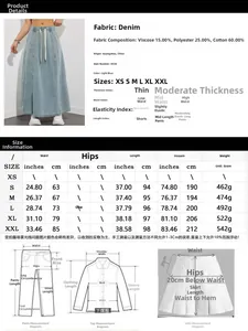 Detaillierte Größentabelle für Jeansröcke und Hosen mit Maßen von XS bis XXL und Material