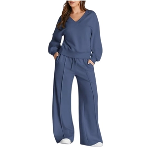 Women's V-neck long sleeve lounge set with high waist wide leg pants in misty blue