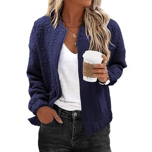 Women's dark blue zip-up jacket with 3D floral embossing and casual short-cut design