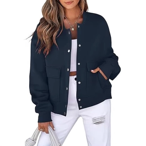 Women's navy crewneck cropped jacket with silver snap buttons and dual front pockets