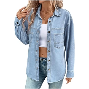 Women's Vintage Washed Denim Shirt Long Sleeve Button Down Blouse Top Loose Casual Jean Shirt With Pockets