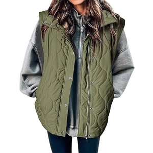 Women Fashion Quilted Vest Stand Collar Padded Sleeveless Puffer Waistcoat With Zipper And Buttons For Autumn Winter Outerwear