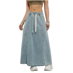 Damen Maxirock aus hellblauem Denim in A-Linie mit elastischem Bund und Kordelzug-Detail