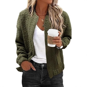 Olive green floral quilted bomber jacket for women with long sleeves and zipper closure