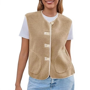 Women Casual Sherpa Fleece Vest Autumn Winter Solid Color Round Neck Single Breasted Loose Vest With Pockets Sleeveless Top