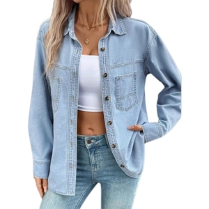 Women's vintage washed light blue long sleeve denim shirt with button-up front and pockets