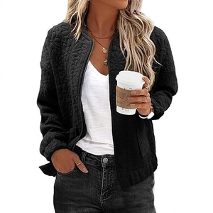Women's black zip-up jacket with 3D floral texture and stylish high neck design