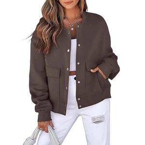 Women's autumn dark brown short bomber jacket with crew neck and utility pockets