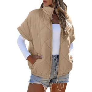 Women Casual Rhombic Quilted Padded Vest Stand Collar Sleeveless Zipper Outerwear Jacket With Pockets Winter Warm Waistcoat