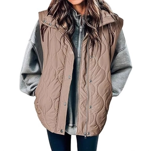 Women's wave quilted khaki puffer vest with stand collar and zipper snap buttons
