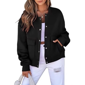 Women's black round neck ribbed jacket with double pockets and button closure