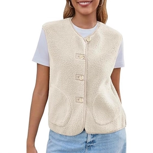 Women's beige faux lamb wool vest with wooden buttons and pockets on white background