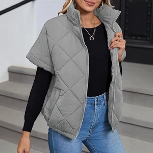 Women's 2025 grey quilted vest with diamond pattern, stand collar and metal zipper closure