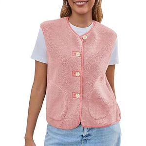 Women's pink sherpa fleece vest with classic round neck and wood-style buttons