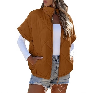 Women's autumn caramel quilted puffer vest with stand collar and zipper pockets