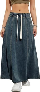 Detail eines A-Linien Denim-Maxirocks mit elastischem Tunnelzugbund und Längsnähten